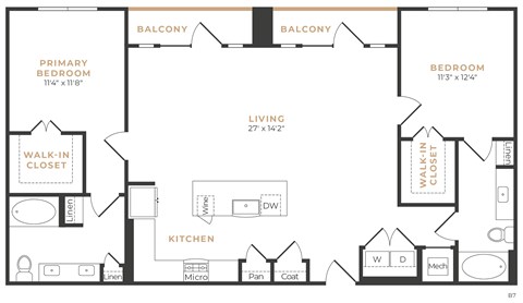Floor plan for 2 beds, 2 baths, 1374 sqft